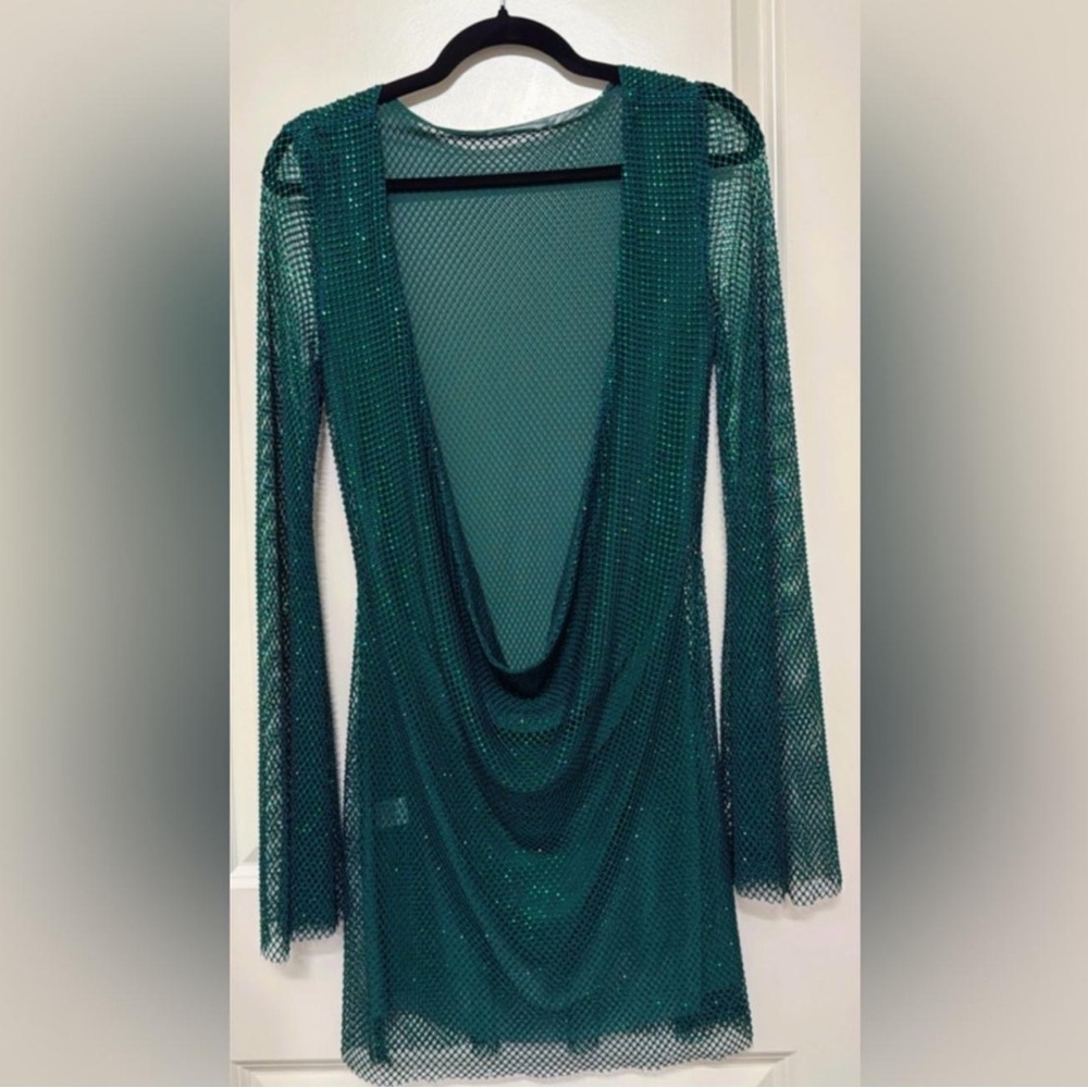 Meshki Asymmetrical Emerald Green Mesh Mini Dress – Size L - Picture 2 of 8
